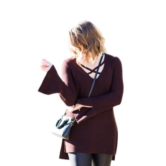 Free People Criss-Cross Tunic Sweater in Brown Wine Size Small - Picture 2 of 13